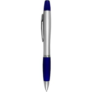 A highlighter pen with a silver barrel and a blue grip, featuring a pen clip and a brand logo.