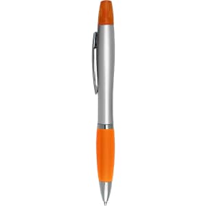 A silver pen with an orange grip and cap, featuring a metal clip and a logo on the side.