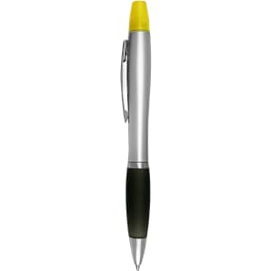 A silver pen with a yellow cap and a black grip, featuring a logo on the barrel.