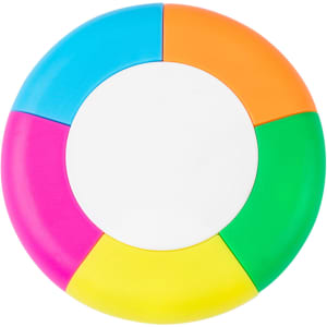 A circular highlighter with five segments in blue, orange, pink, green, and yellow, featuring a white centre and a logo.