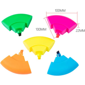 A set of circular highlighters in green, pink, yellow, orange, and blue, featuring a logo.