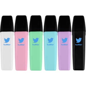 A set of six highlighters in white, pink, mint green, light purple, black, and turquoise, each featuring a logo.