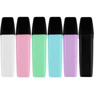 A collection of highlighters in white, pink, green, blue, purple, and black with black caps and sleek design.