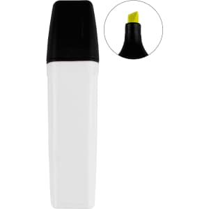 A highlighter with a black cap and a white body, featuring a bright yellow tip. The product includes branding.