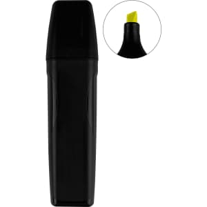 A highlighter in a sleek black casing with a chisel tip in bright yellow. The product features a branding logo.