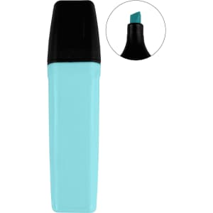 A highlighter in a sleek turquoise body with a black cap and chisel tip. The design includes a branding logo.