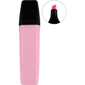 A highlighter with a pink body and black cap, featuring a chisel tip for versatile highlighting.