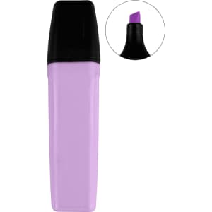 A purple highlighter with a black cap, featuring a chisel tip for highlighting text. It includes a smaller image of the tip.