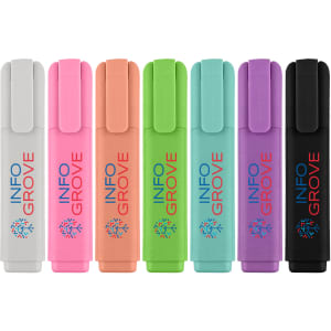 A collection of eight highlighters in various colours: pink, orange, mint green, light green, blue, purple, black, and white. Each has a logo.