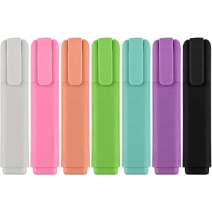 A set of eight highlighters in white, pink, orange, green, teal, purple, and black, featuring a clip design.