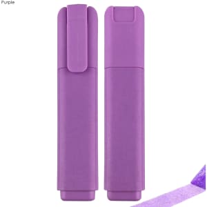 A purple highlighter with a clip, featuring a textured finish and a glittery effect. It has a branding logo.