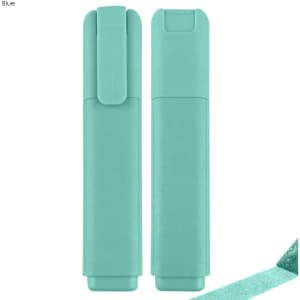 A blue highlighter in a sleek design, featuring a clip and a textured surface, with a logo displayed.