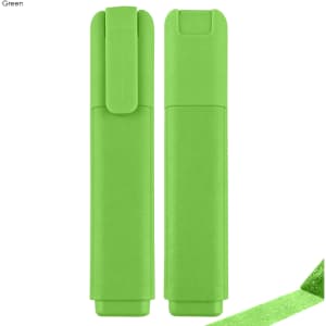 A green highlighter with a clip and a textured finish, featuring two views of the product.