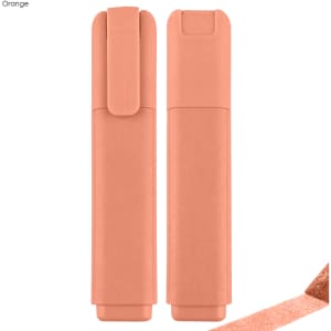 An orange highlighter with a clip, featuring a smooth, rounded design and a subtle glitter finish.
