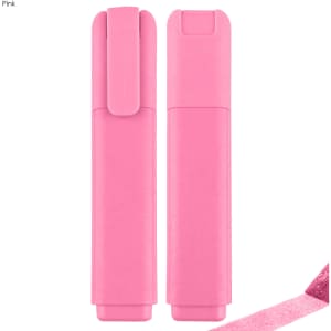 A pink highlighter with a clip, featuring a sleek design and a glittery end. It has a branding logo on the side.