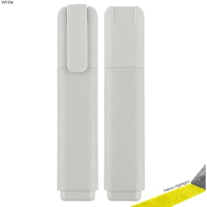 A white highlighter with a sleek design, featuring a clip and highlights in yellow. Includes brand logo.