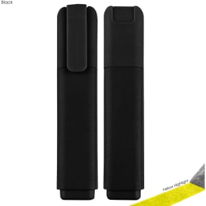 A black highlighter with a sleek design, featuring a clip and a vibrant yellow highlighting tip.