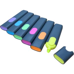 A set of highlighters in various colours, featuring a grey casing with bright accents. One cap is removed from a highlighter.