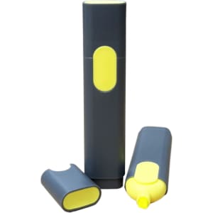 A grey and yellow highlighter with a removable cap, featuring a sleek, cylindrical design. The product has a logo.