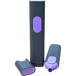 A purple and grey highlighter, featuring a cap and a simple logo on the side.