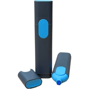 A highlighter in grey with a blue accent, displayed upright with the cap beside it and a body section alongside.
