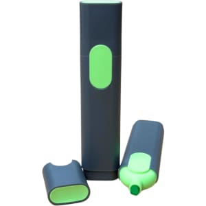 A highlighter in grey and green, featuring a cap and a body in a sleek cylindrical design. It includes branding.