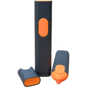 A highlighter set featuring a navy blue body with orange accents and caps, consisting of three pieces.
