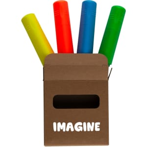 A box containing four triangle highlighters in yellow, red, blue, and green. The box has a logo on it.