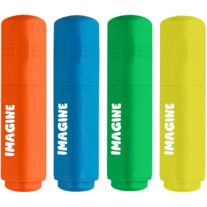 A set of four highlighters in orange, blue, green, and yellow, each featuring a cap and a branding logo.