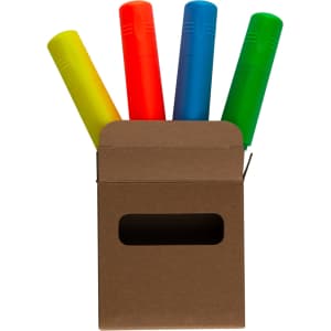 A triangle highlighter set featuring four highlighters in vibrant colours: red, orange, yellow, and green, packaged in a brown box.