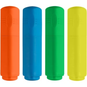 A triangle highlighter set featuring orange, blue, green, and yellow highlighters, with a logo on the packaging.