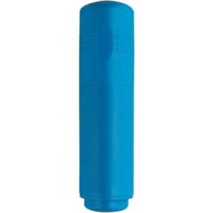A blue highlighter with a rounded tip and a cylindrical body, featuring a branding logo.