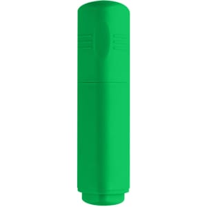 A highlighter in vibrant green colour with a rounded cap and textured grip. It features a branding logo.