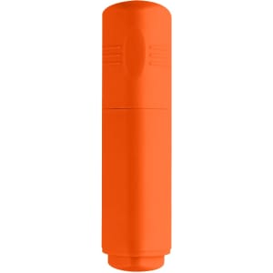 An orange highlighter with a rounded top and a cylindrical body, featuring a branding logo.
