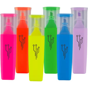 A range of highlighters in vibrant pink, orange, green, yellow, blue, and purple with a logo on each.