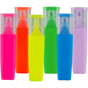 A set of six highlighters in bright colours: pink, orange, yellow, green, blue, and purple, each with a protective cap.