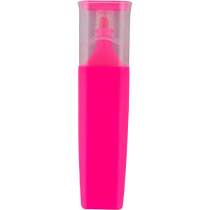 A pink highlighter with a clear cap, featuring a logo on the side.
