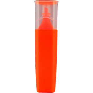 An orange highlighter in a clear case with a rounded top, featuring a logo on the side.