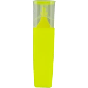 A highlighter in a sleek, bright yellow container with a transparent lid, featuring a branding logo.