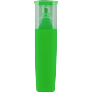A green highlighter with a transparent cap, featuring a sleek, modern design and a logo.