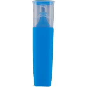 A highlighter in a blue casing with a transparent cap, featuring a fine tip for precise marking.