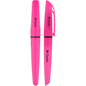 A pink highlighter pen with a cap and a branding logo. It features a sleek design with a black band.