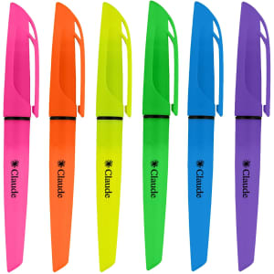A set of highlighter pens in pink, orange, green, blue, and purple with a branding logo on each.