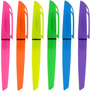 Six highlighters in bright colours: pink, yellow, green, and purple, each featuring a sleek, modern design and a branding logo.