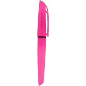 A pink highlighter shaped like a pen with a sleek design and a clip feature. It has a branding logo on the body.