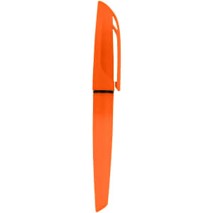 An orange highlighter pen with a sleek design and clip, featuring a subtle logo.