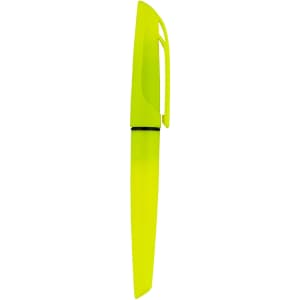 A highlighter pen in bright yellow, featuring a sleek design and a clip for easy attachment. It has a logo displayed.