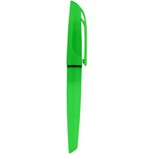 A green highlighter pen with a sleek design and a cap. Features a branding logo on the body.
