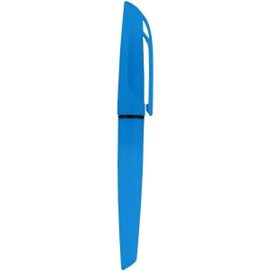 A blue pen highlighter with a sleek design and a clip feature. It has a logo on the side.