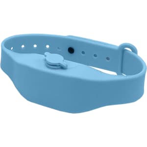 A blue wristband hand sanitiser dispenser made of silicone, featuring a pump for easy dispensing.